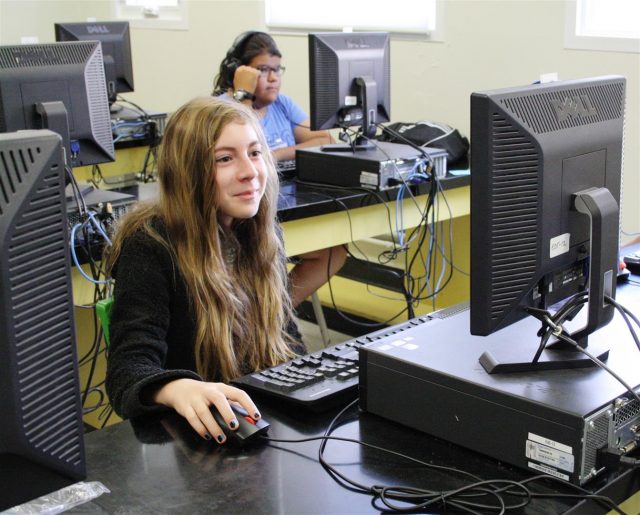 Student learning coding and digital skills on computer.